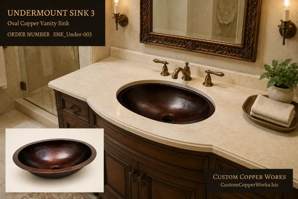 Undermount Sink 3, oval hammered copper vanity sink mounted under a stone bathroom counter