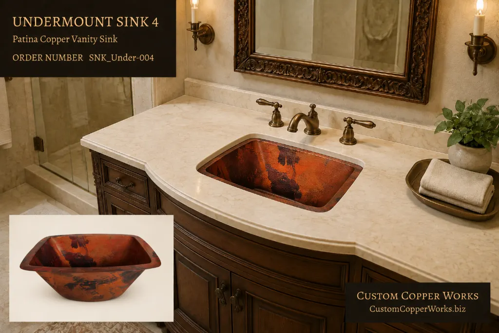 Undermount Sink 4, rectangular copper vanity sink with orange and black fire patina