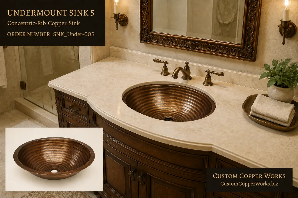 Undermount Sink 5, round copper vanity sink with concentric ribs stepping down to the drain