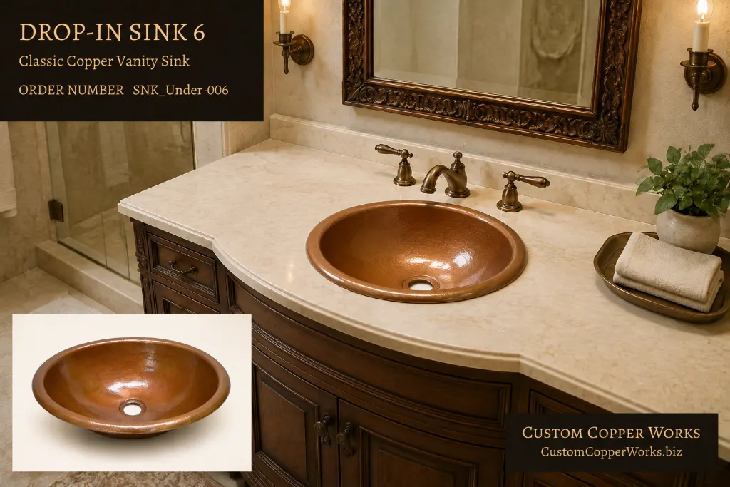 Drop-in Sink 6, round copper drop-in vanity sink with a smooth polished bowl and rolled rim