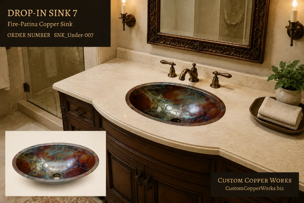 Drop-in Sink 7, oval copper drop-in sink with multicolored fire patina in blue, green and rust