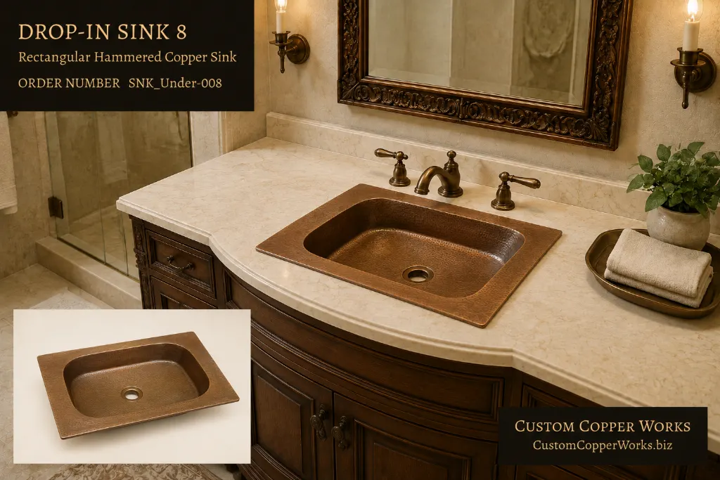 Drop-in Sink 8, rectangular hammered copper drop-in sink with a wide flat rim