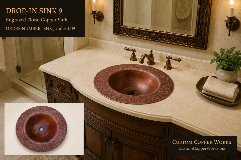 Drop-in Sink 9, round copper drop-in sink with an engraved floral border around a smooth bowl