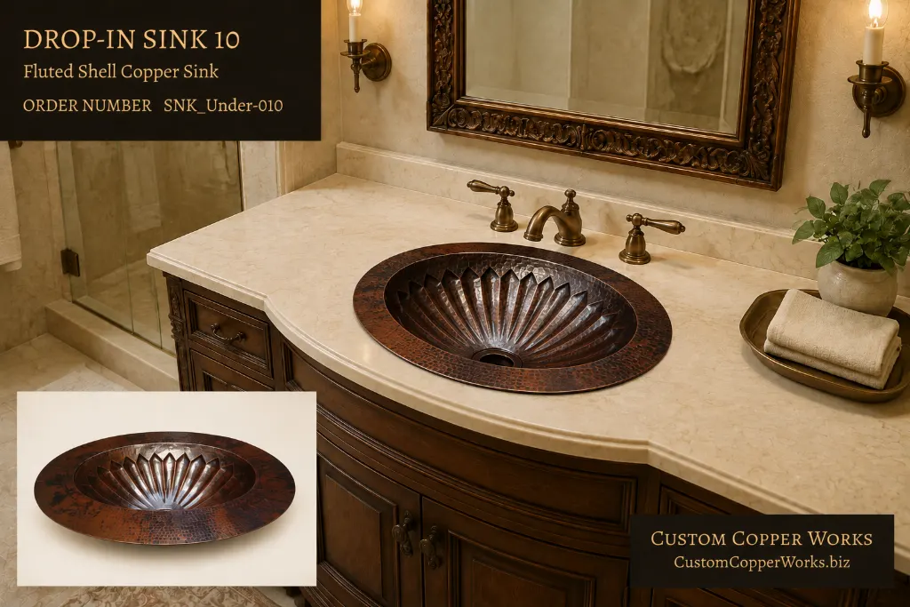Drop-in Sink 10, oval copper drop-in sink with a fluted shell basin and hammered rim