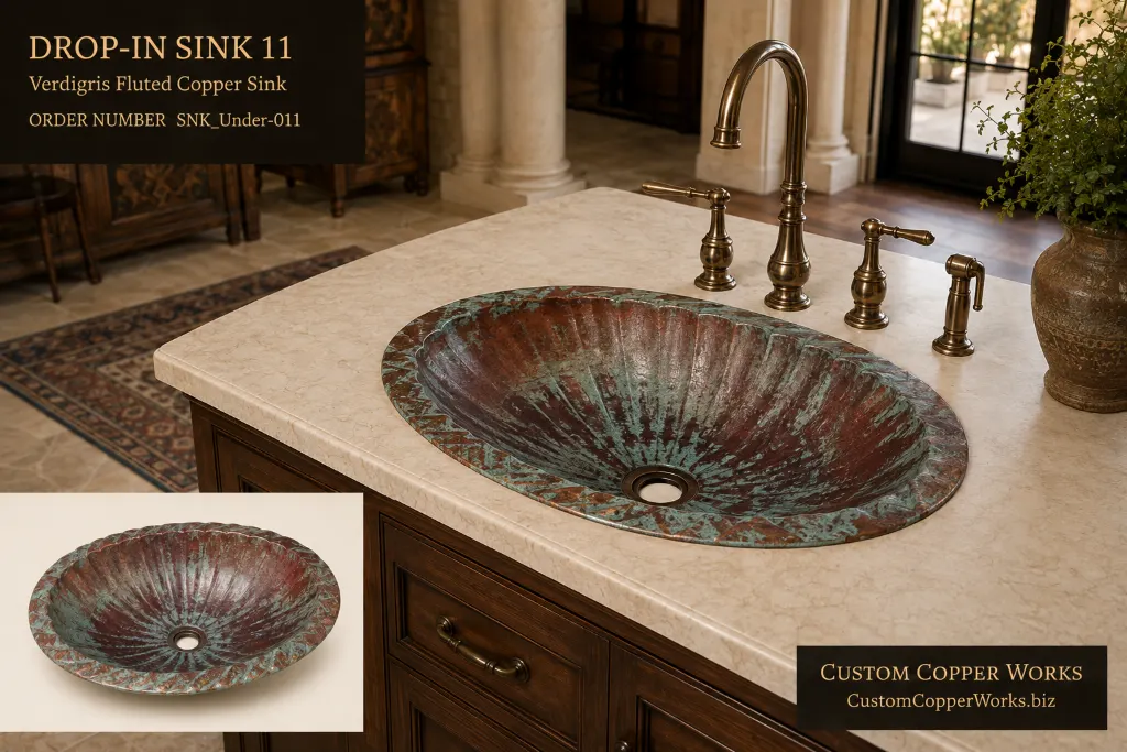 Drop-in Sink 11, oval copper drop-in sink with fluted basin and green verdigris patina