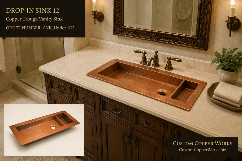 Drop-in Sink 12, long rectangular copper trough vanity sink with a raised side ledge