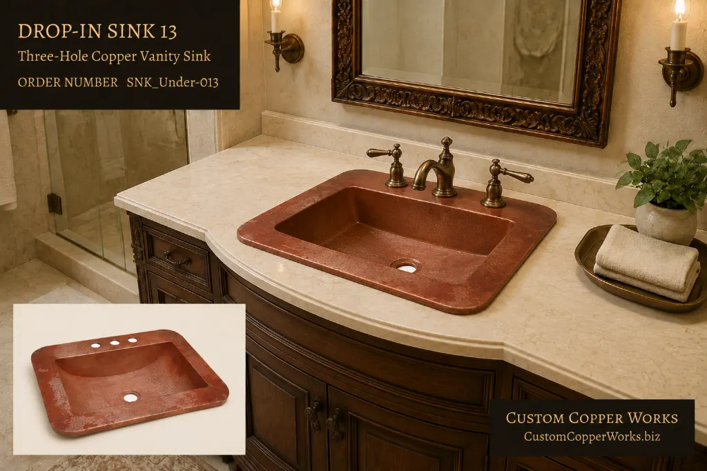 Drop-in Sink 13, rectangular copper vanity sink with a three-hole faucet deck formed in the rim