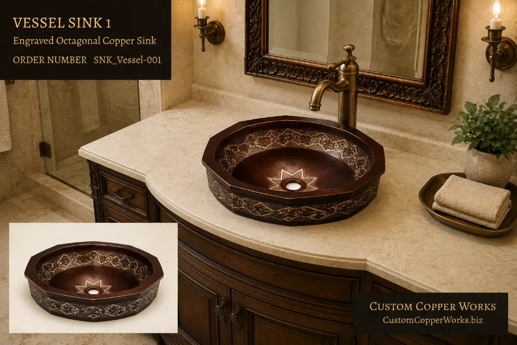 Vessel Sink 1, octagonal copper vessel sink with engraved geometric bands and a star at the drain