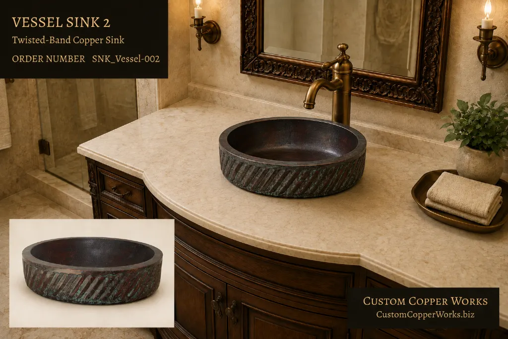 Vessel Sink 2, round copper vessel sink with a twisted diagonal band and verdigris patina