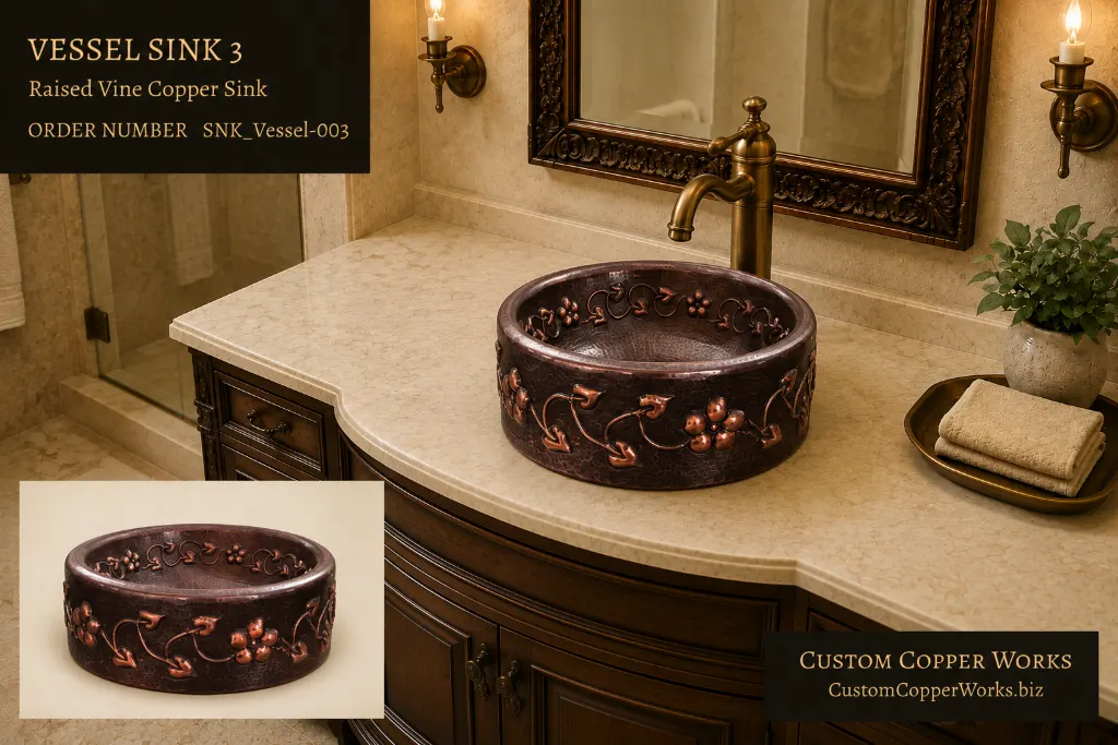 Vessel Sink 3, round copper vessel sink with hand-raised flowering vine relief inside and out
