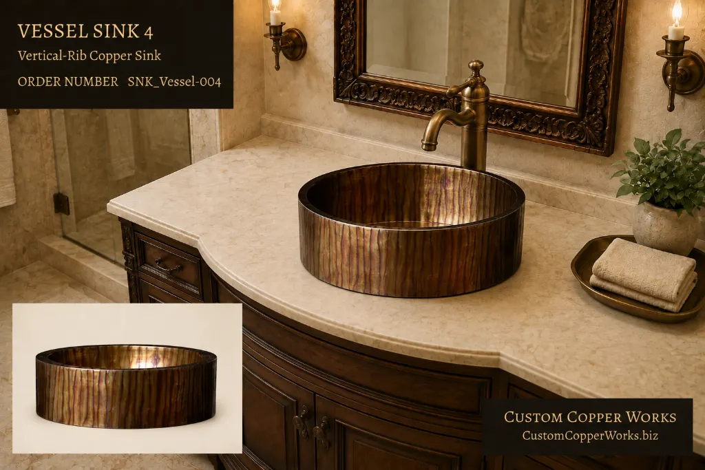 Vessel Sink 4, cylindrical copper vessel sink with vertical ribbing and a brushed flame finish