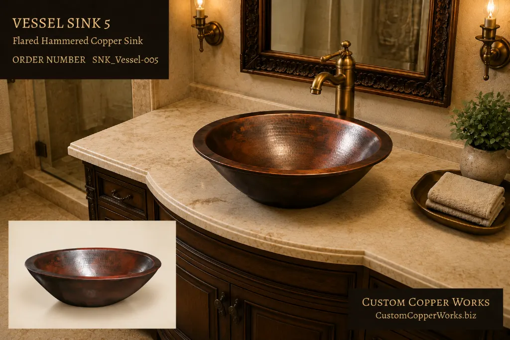 Vessel Sink 5, flared round hammered copper vessel bowl with a rolled rim and dark patina