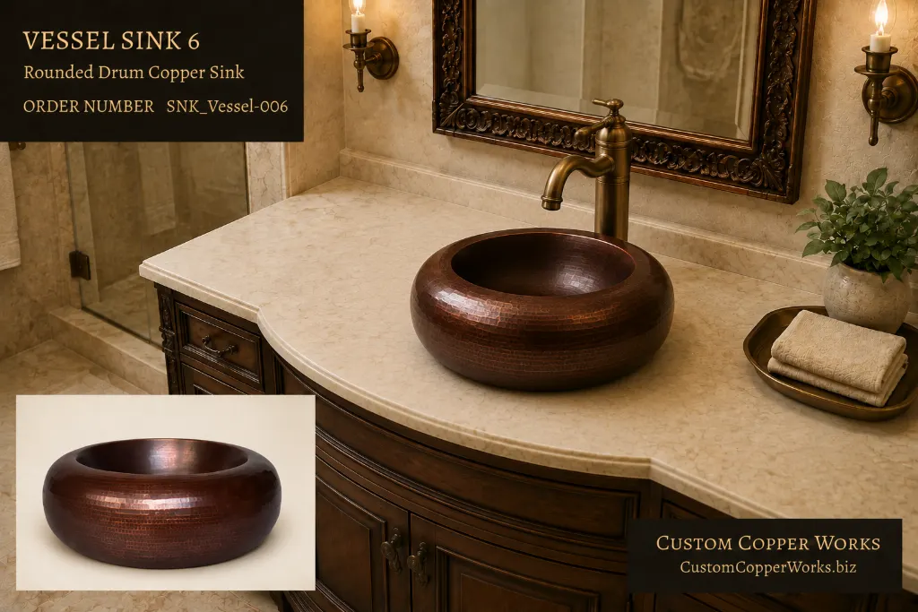 Vessel Sink 6, round copper vessel sink with a full drum profile and inset hammered bowl