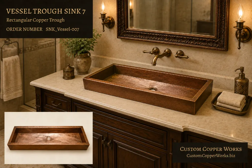 Vessel Trough Sink 7, long rectangular copper trough vessel with hammered floor and center drain