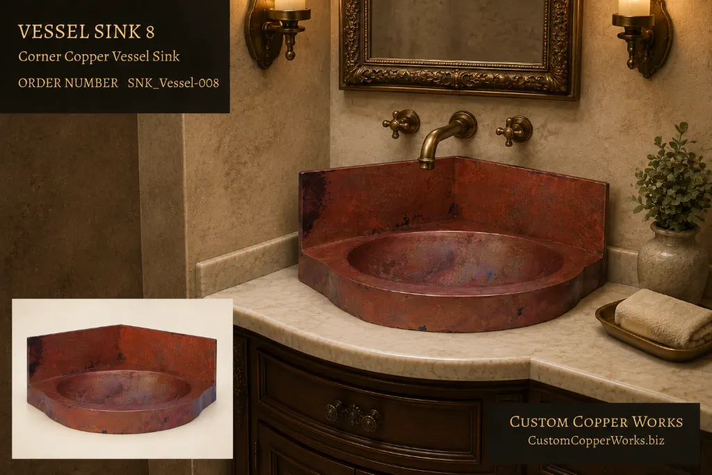 Vessel Sink 8, corner-mount copper vessel sink with angled back walls and an oval basin
