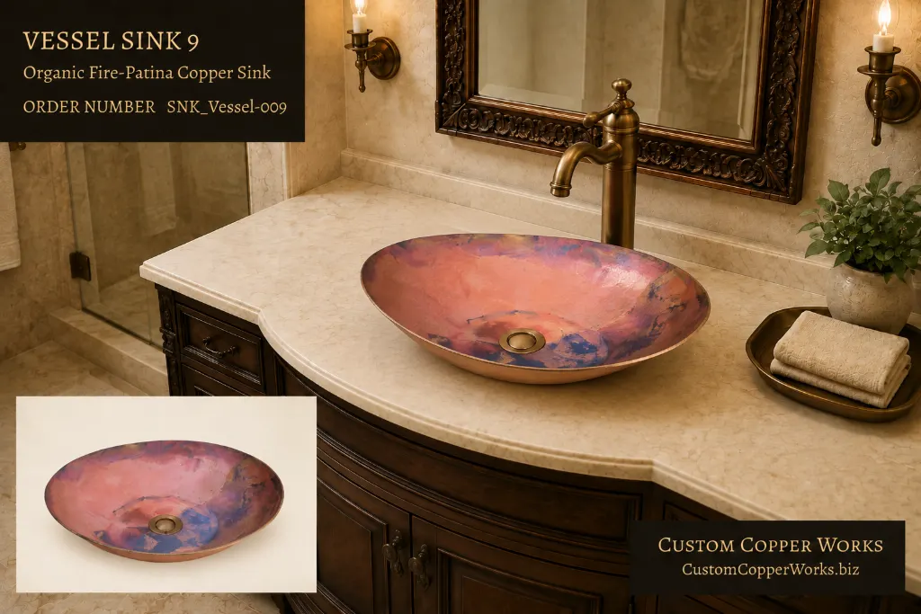 Vessel Sink 9, wide shallow oval copper vessel with rose, violet and blue fire patina