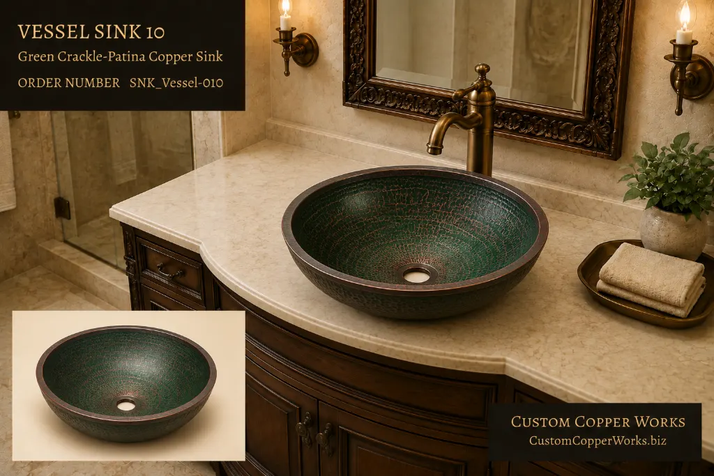 Vessel Sink 10, round copper vessel sink with a green crackle patina over hammered copper