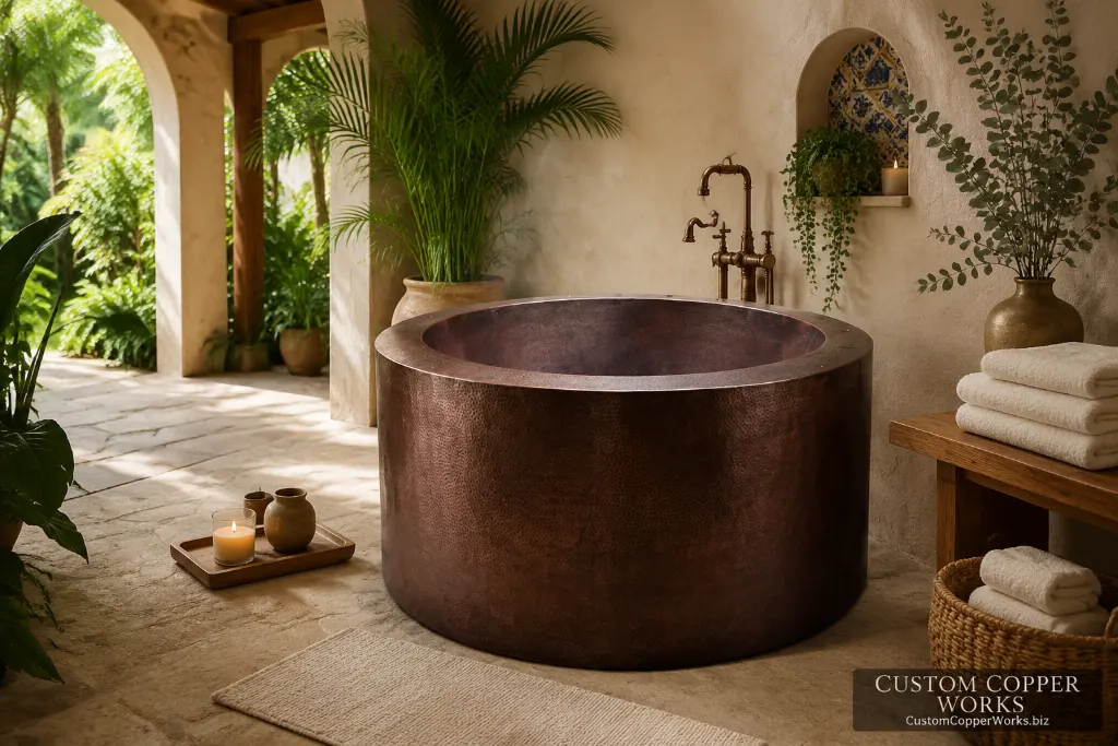 Custom hand-hammered copper Ofuro-style round soaking tub, 60 inches across.