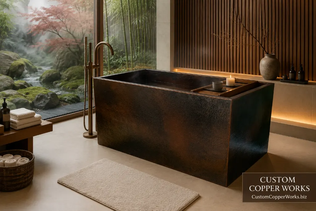 Rectangular double-wall hammered copper soaking tub with a fixed bench and a removable second bench.