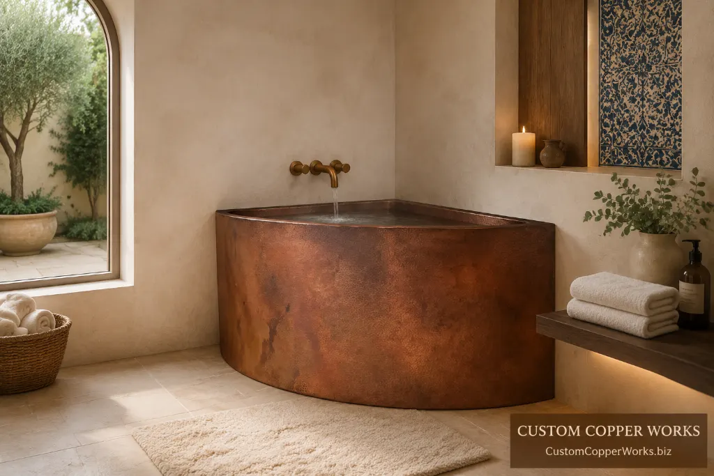 Deep 14-gauge hammered copper Japanese Ofuro soaking tub built to fit a bathroom corner, inside and outside walls in copper.