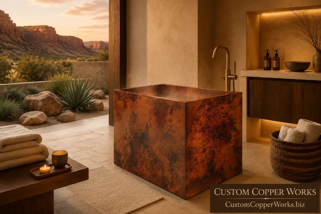 Freestanding hand-hammered Mexican copper double-wall rectangular soaking tub with a removable bench, set along one wall.