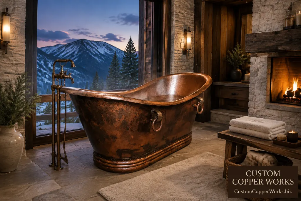 14-gauge hammered copper double-slipper tub with applied decorative rings.