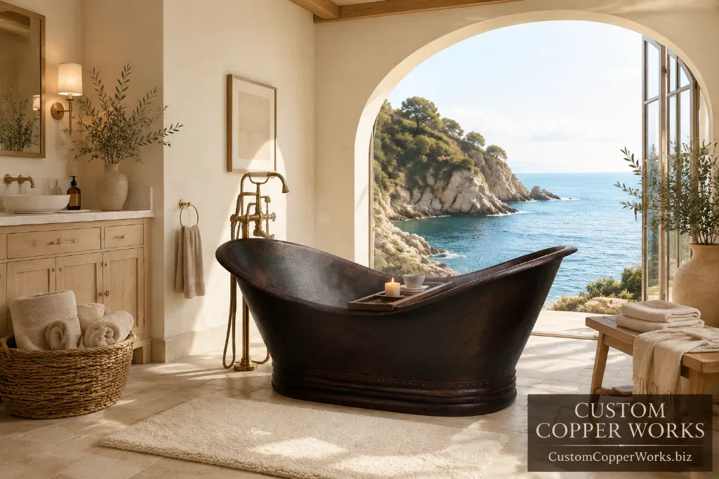 Hammered copper double-slipper tub with exaggerated slopes for a deeper recline, finished in a dark brown patina.