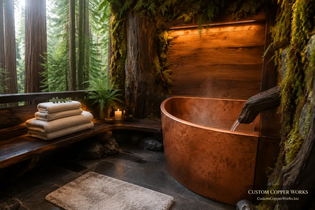 Hand-hammered Mexican copper double-wall corner soaking tub filled from a hollowed redwood limb, surrounded by forest.