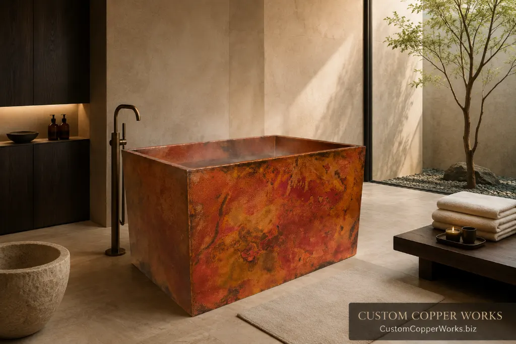 Double-wall copper Japanese Ofuro soaking tub with a deep upright profile and a multidimensional full-spectrum patina.