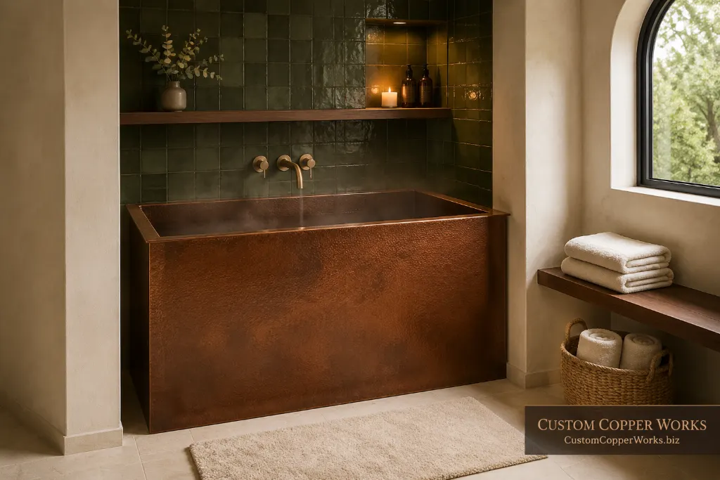 Japanese-style copper alcove soaking tub, 50 by 31 by 36 inches, with the finished double-wall front facing the room.
