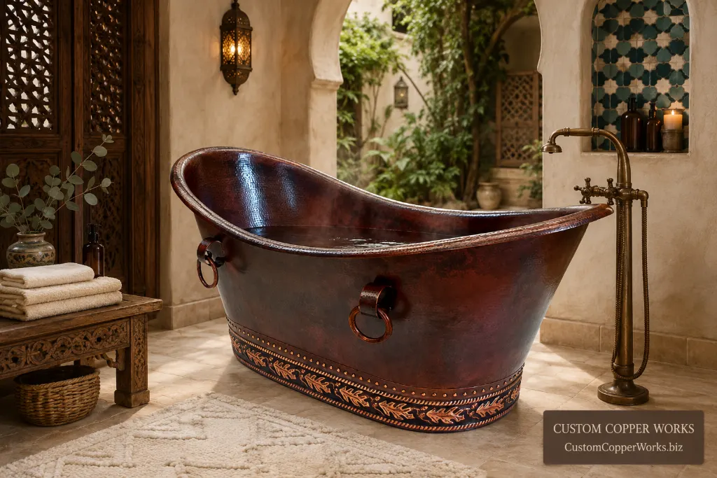 Hand-hammered Mexican copper double-slipper tub with hand-embossed detailing and a deep dark brown patina.