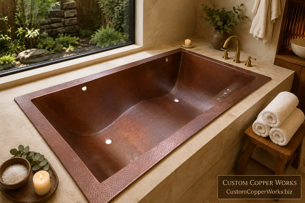 Rectangular drop-in copper soaking tub, 74 by 36 by 24 inches, with a contoured interior bathing well.