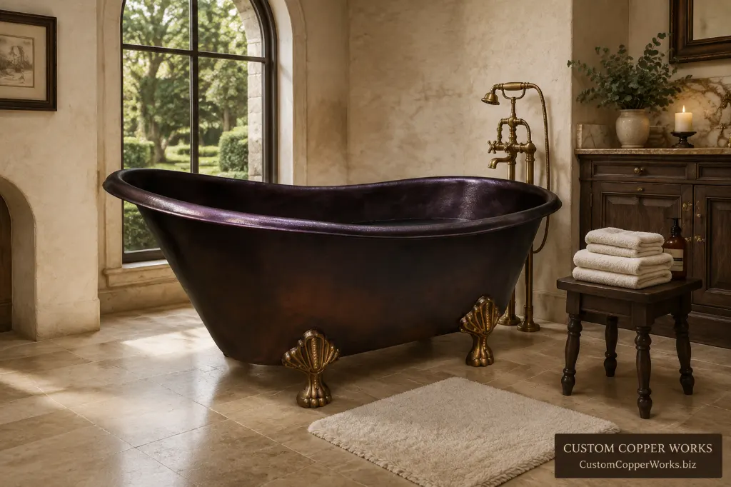 Hand-hammered Mexican copper single-slipper tub with antiqued brass claw feet and a deep dark patina.