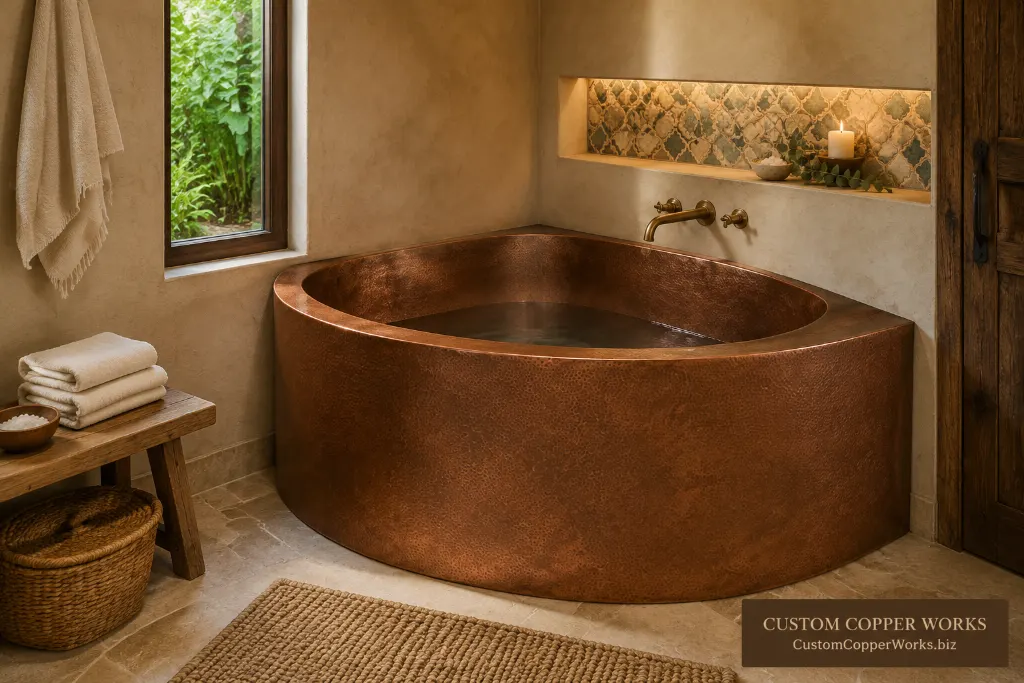 14-gauge hammered copper double-wall corner soaking tub, 58 inches square, with seating formed into each corner.