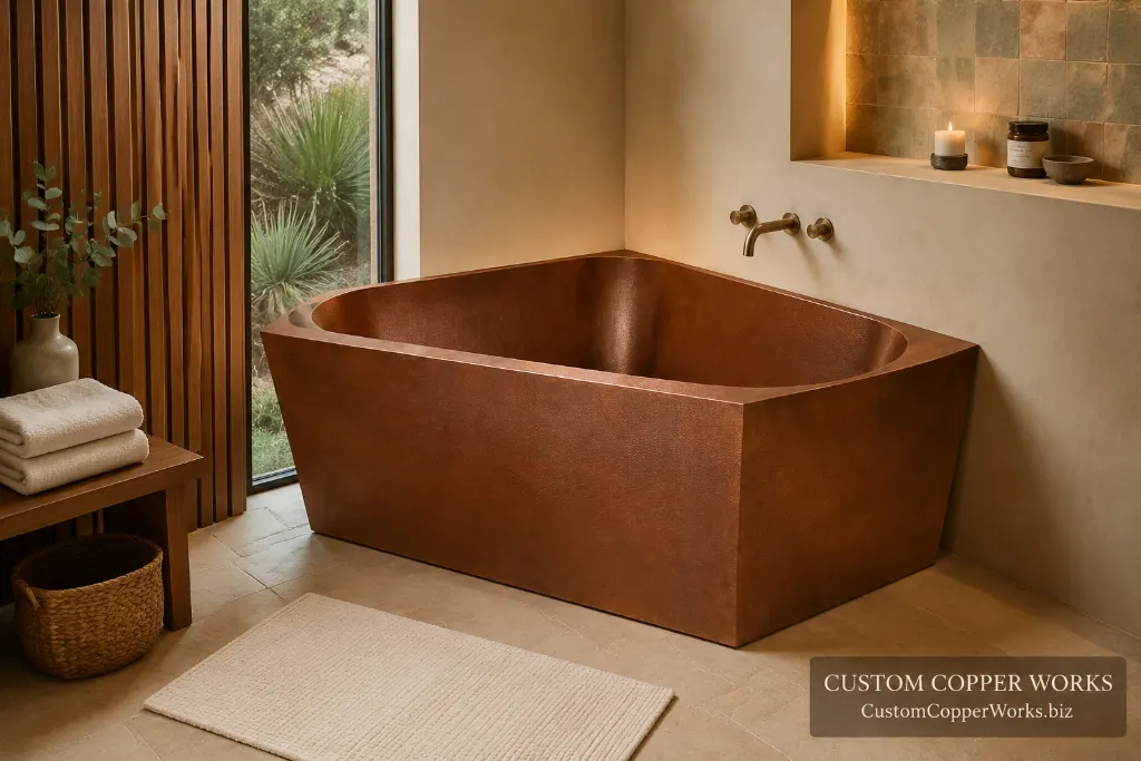 Triangular hand-hammered copper double-wall corner soaking tub with built-in seating, fitted to a tight bathroom corner.
