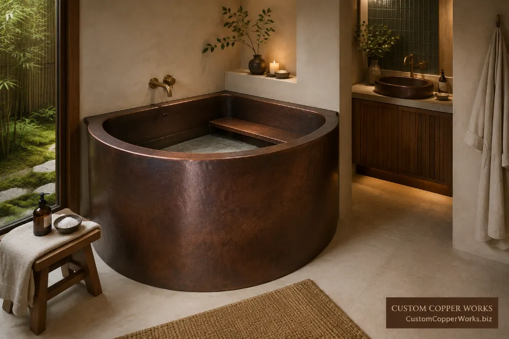 Double-wall copper Japanese-style corner soaking tub with a removable bench and a matching hand-hammered corner sink.