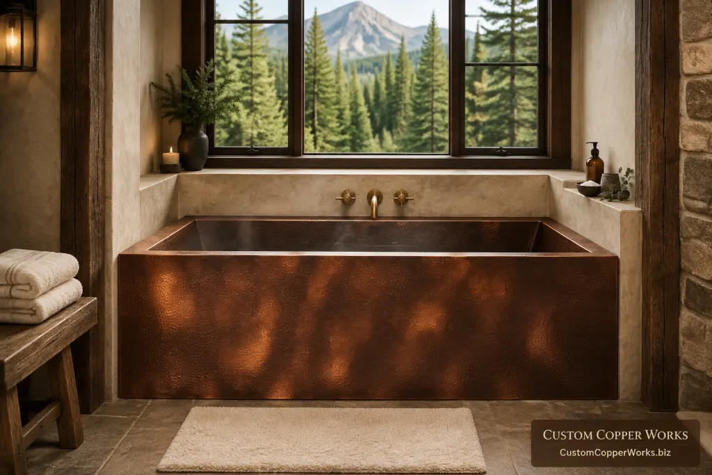 Hammered copper alcove soaking tub with a farmhouse-style apron front, installed in a mountain cabin bathroom.