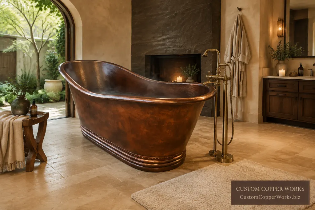 Hand-hammered Mexican copper double-slipper soaking tub with sweeping curves, freestanding in a remodeled bathroom.