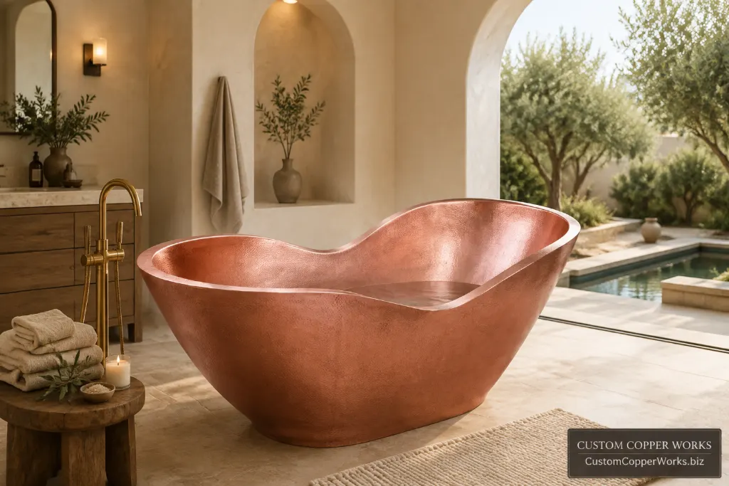 14-gauge copper double-wall freestanding slipper tub, 66 by 32 by 30 inches, with a bright luminous patina.