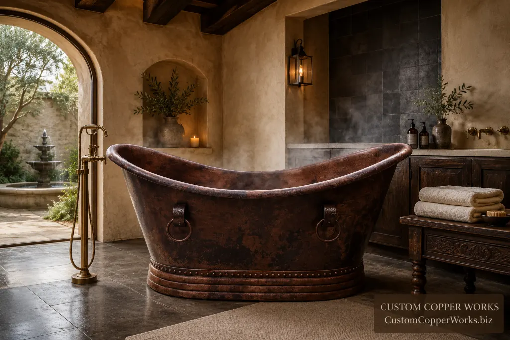 Hammered copper freestanding double-slipper soaking tub, 64 by 35 by 31 inches, in a customer-matched patina.