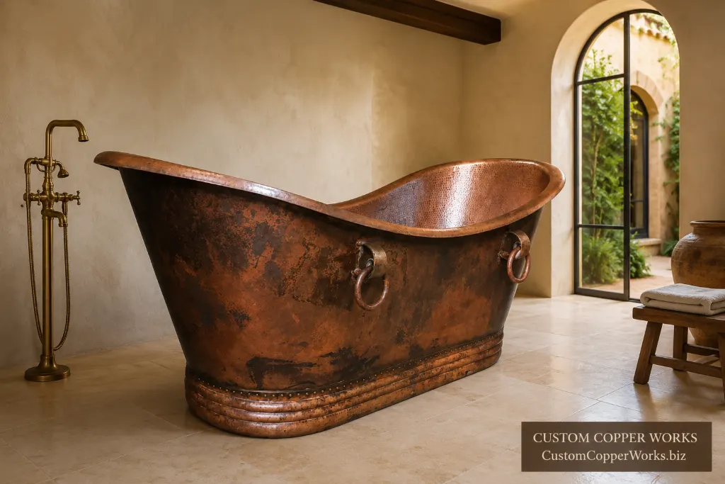 Hand-hammered copper double-slipper soaking tub with cast ring handles and a riveted plinth base.