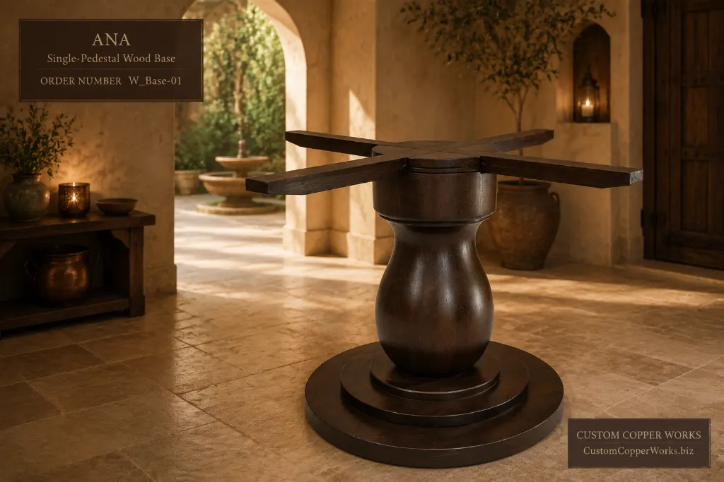 Ana single-pedestal wood table base with simple turned column and round foot
