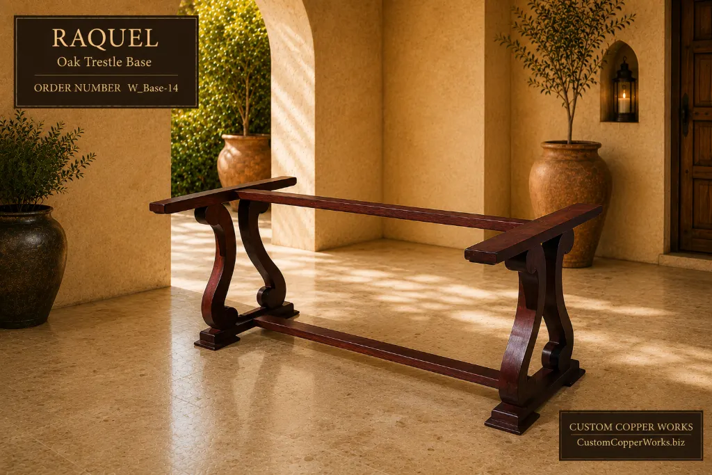Raquel oak trestle base with S-curve scrolled end supports and center stretcher