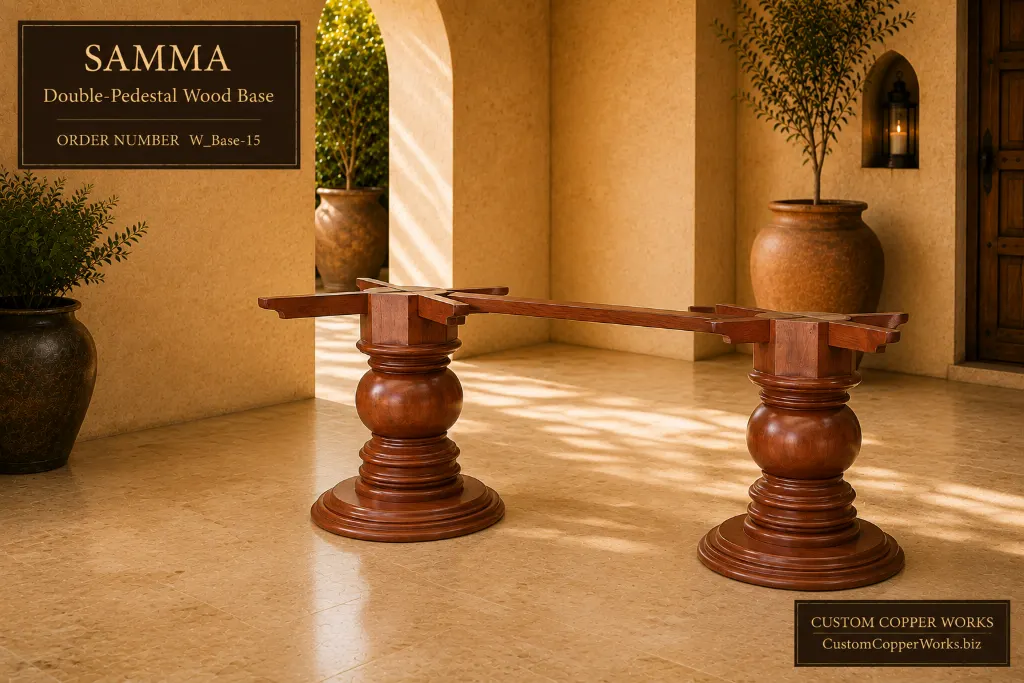 Samma double-pedestal wood base with two turned ball columns on ringed round feet