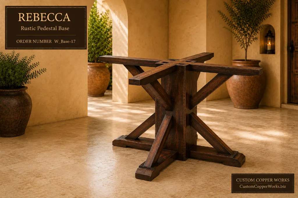 Rebecca rustic pedestal base in heavy squared timbers with cross bracing, distressed