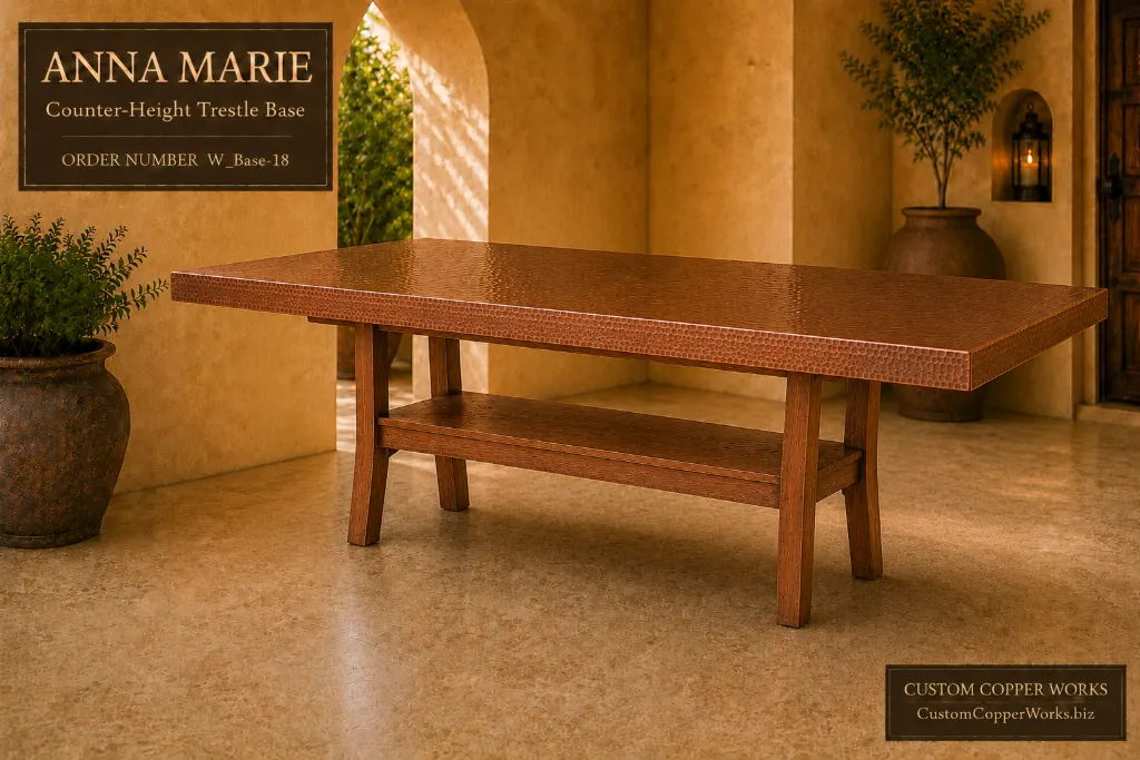 Anna Marie counter-height trestle base with splayed legs and low shelf stretcher
