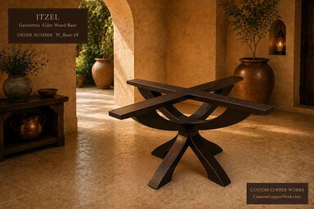 Itzel geometric alder base with angular legs, slightly distressed, for round tops