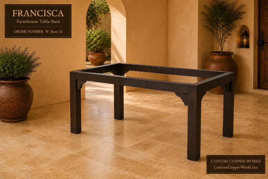 Francisca farmhouse wood base with square legs, perimeter apron and corner brackets