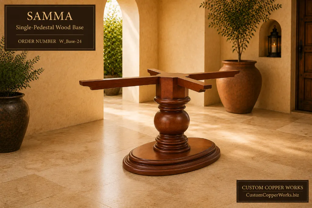 Samma single-pedestal wood base with turned ball column on an oval stepped foot