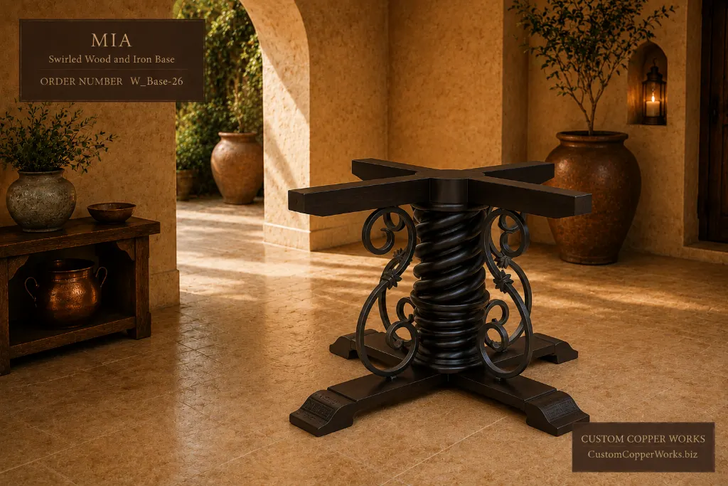 Mia swirled wood column base with curled forged iron and engraved detail